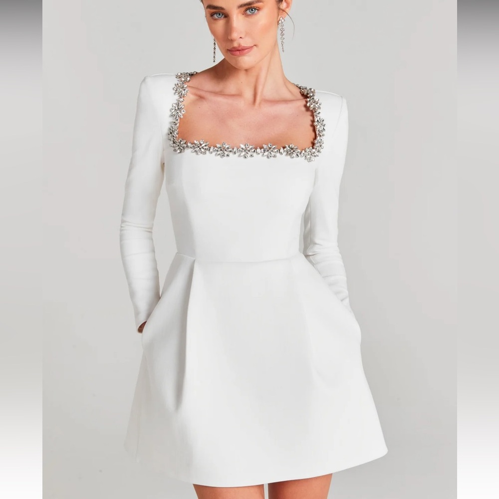 NADINE MERABI White Dress with Silver Embellishments